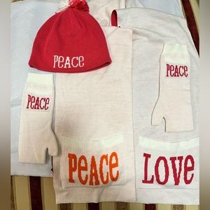 🟤JOHNATHAN ADLER LOVED REVERSIBLE AUTHENTIC PEACE & LOVE HAT; GLOVES & SCARF